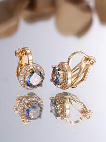 Vanel 1 Đôi khuyên tai kẹp màu vàng sang trọng, thiết kế trung tâm CZ đa sắc hình tròn với vòng hào quang CZ trong suốt, phù hợp đeo hàng ngày & dự tiệc - Màu vàng kim - sắc màu rực rỡ - Xem 2