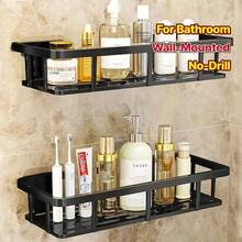1/2pcs Agate Black Shower Caddy, No-Drill Wall-Mounted With Hooks, Bathroom Storage Rack, No-Drill With Drainage Holes, Kitchen Spice Rack - Black - View 2