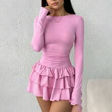 Robe mini marron en maille à manches longues, jupe à volants étagés & bustier transparent pour looks de boîte de nuit et de soirée Y2K, respirante - Rose bonbon - Voir 1