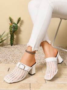 1 Pair Solid Color Elegant Casual PU Leather Buckle Slip-On High Heel Sandals For Outdoor And Indoor Summer Wear - White - View 3