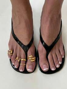 5pcs Ins Asymmetrical Line Wave Design Metallic Glossy Toe Rings, Beach Vacation Style Stackable Open Toe Rings - Gold - View 3