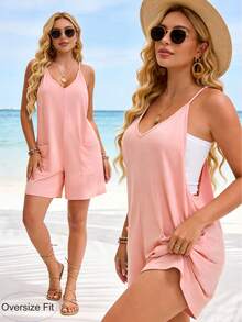Women Lightweight Summer Romper V Neck Adjustable Strap Short Jumpsuit With Pockets Casual Lounge Beachwear - Hồng - Xem 1