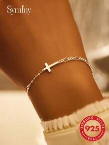 SYMFNY 1pc 925 Sterling Silver Asymmetric Chain Cross Bracelet, Suitable For Daily Wear, Party And Holiday - Silver - View 2