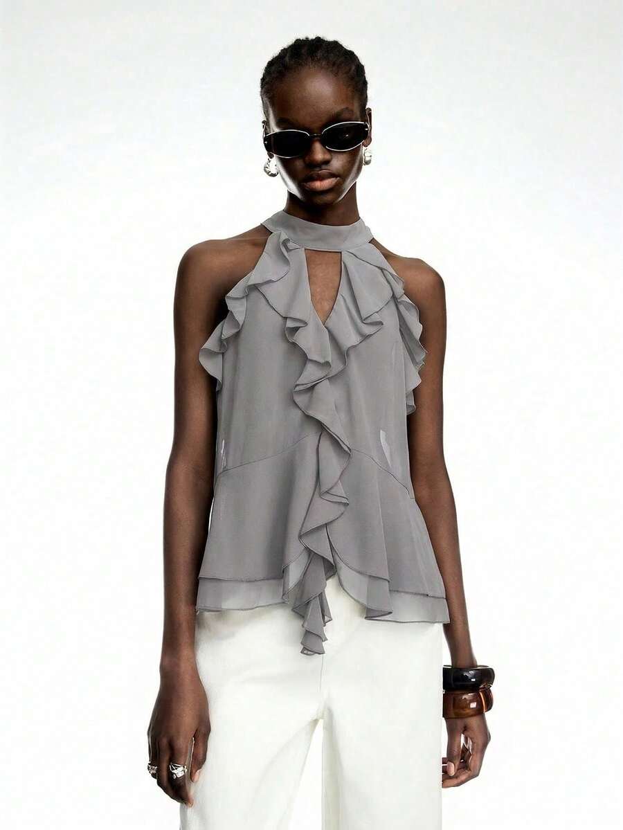 Nueva blusa de gasa con volantes y lazo en la espalda en color verde oliva - Diseño de estilo bohemio para el verano - Gris - Ver 1