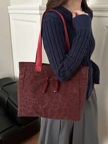 Bolso Tote Grande de Moda Versátil con Textura unicolor Nuevo Bolso Casual Minimalista con Textura Estampado de Leopardo Bolso de Hombro Grande - Burdeos - Ver 3