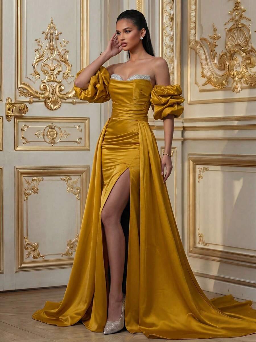Smilprince Gaun Formal Panjang Wanita Elegan Tanpa Bahu dengan Lengan Kelopak, Detail Kerut, dan Resleting untuk Pesta Pernikahan - Emas - View 1