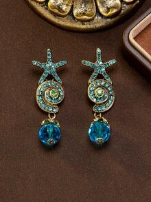 Collier et boucles d'oreilles à clous en strass style océan vintage usé avec étoile de mer et coquillage, bijoux de style vacances au design de niche de luxe léger, polyvalent pour banquet, fête, trajet quotidien, cadeau d'anniversaire pour petite amie et meilleure amie, accessoire exagéré lourd de style européen et américain, essentiel pour l'ambiance photo de plage - Multicolore - Voir 5