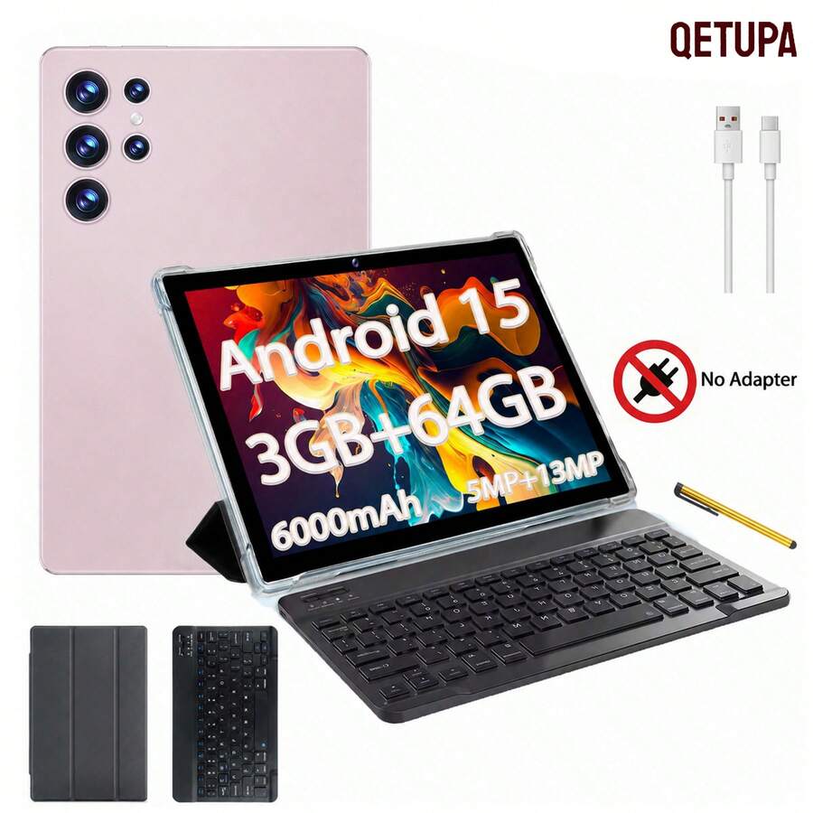 Qetupa 10.1吋 Z50 Android 14 平板電腦,3GB RAM + 64GB ROM,MTK 6755 八核心 1.6GHz 處理器,HD (1280x800) IPS 觸控螢幕,藍牙 5.2 & 802.11ac WiFi 5,GPS,2MP 前置相機 & 5MP 後置相機,6000mAh 電池,(不支援 SIM 卡)。鋁矽酸鹽玻璃設計,輕巧耐用,適合兒童聖誕禮物和成人驚喜 (不含適配器) - 金with KB - 查看 1