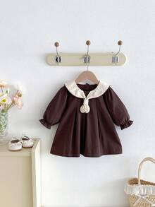 Miniweenns 1 buah Gaun Bayi Perempuan Gaya Kuliah dengan Hiasan Ruffle dan Pita, Model Putri Vintage, Lengan Panjang, Musim Semi/Gugur untuk Kembali ke Sekolah - Coffee Brown - View 3
