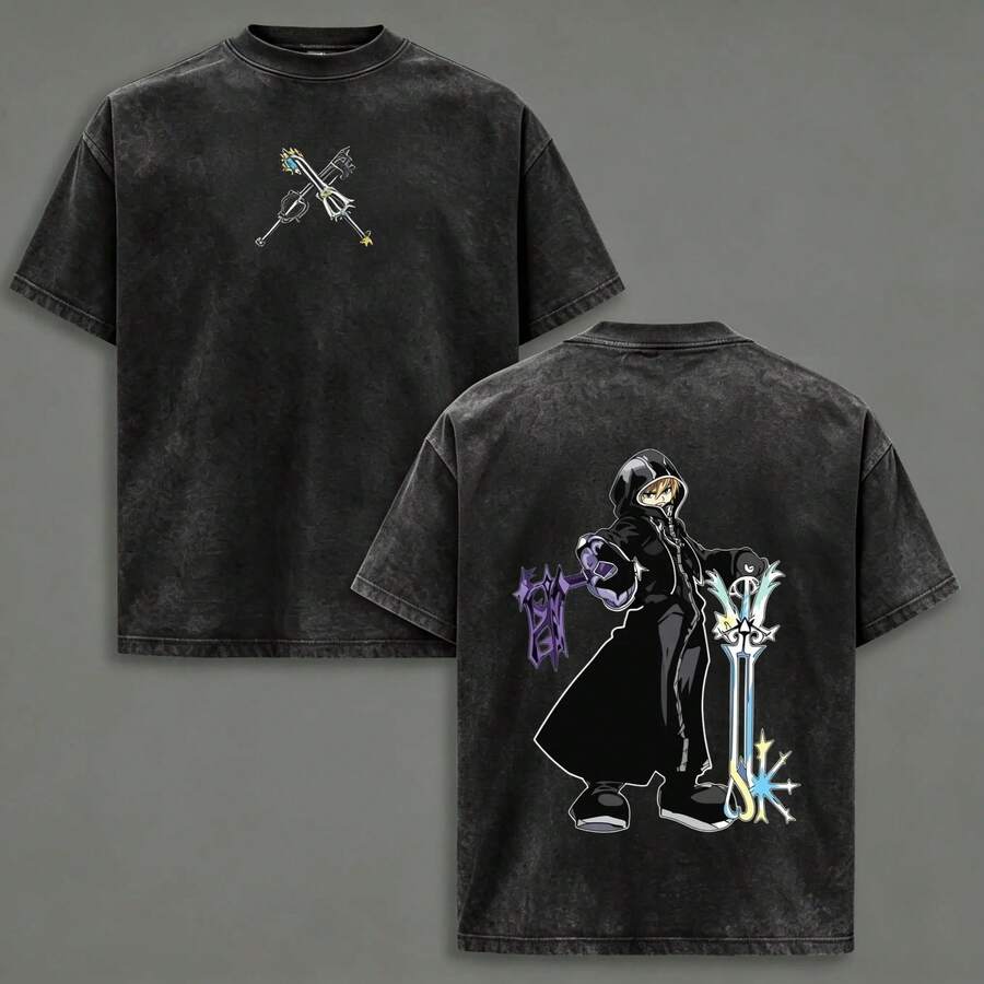 Camiseta Roxas Heart Washed Tee Oathkeeper Oblivion Unisex Anime Manga de Algodón, Regalo para Fanáticos del Anime, Ropa Masculina, Camiseta Negra de Estilo Urbano Casual de Manga Co - Negro - Ver 1