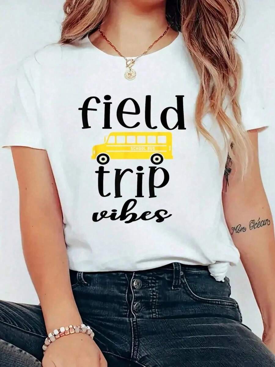 Camiseta informal de cuello redondo de manga corta cómoda con estampado de excursión drtida, último día de clases y día de campo para maestros, parrimavera y verano, ropa de mujer