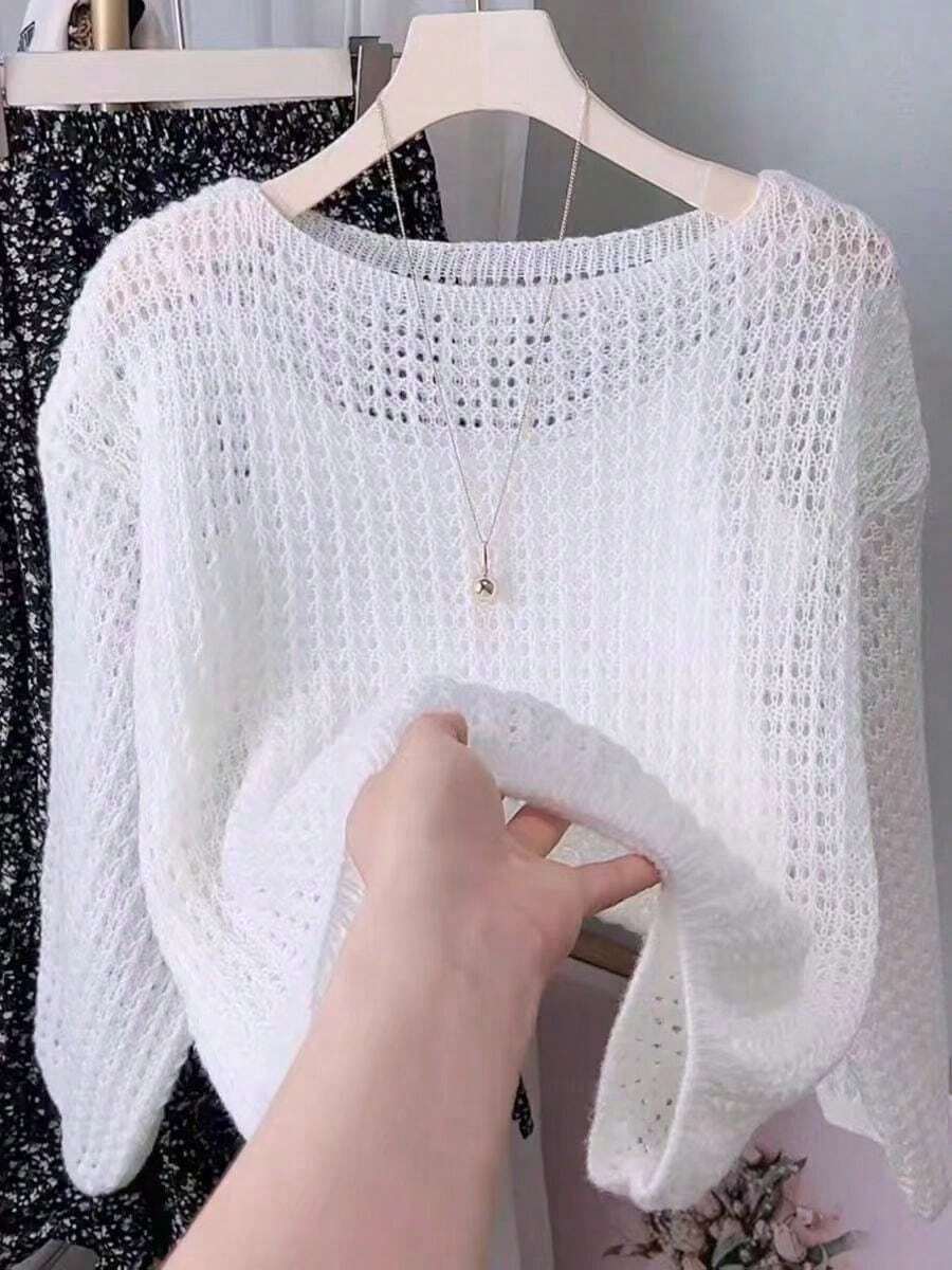 Summer Casual Solid Color Hollow Knit Sweater - 白色 - 查看 1