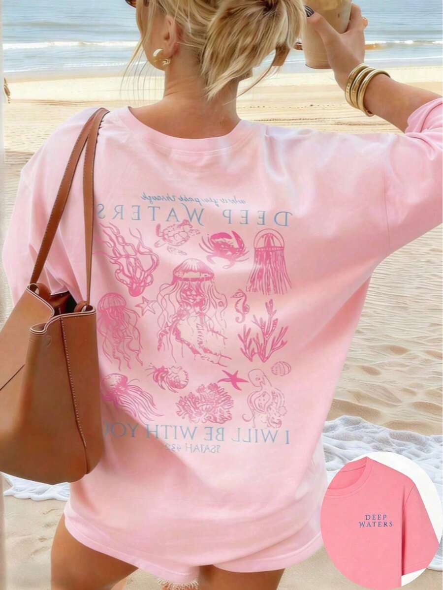 Casual T-Shirt 2026 Marine Animal Print Jellyfish Coral And Phrase Deep Waters Short Sleeve Beach Style Clothing Unisex - 粉色 - 查看 1