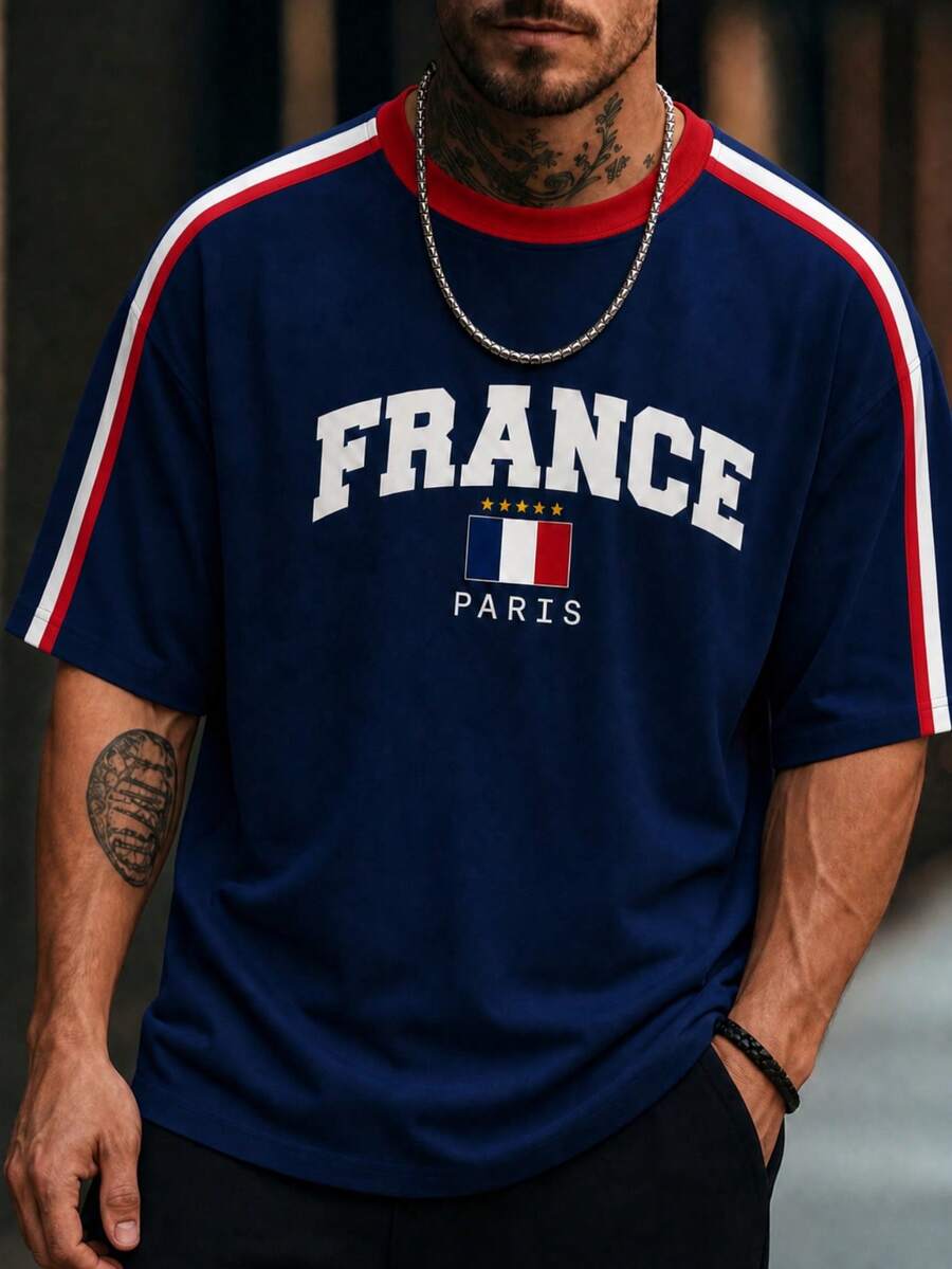 Fractyr 男款法國巴黎國旗印花拼色 T-Shirt，海軍藍與紅色圓領短袖條紋休閒上衣 - 藍色 - 查看 1