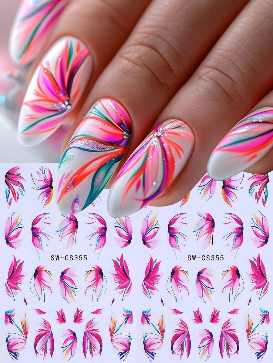 2 Bögen tropische Blumen Nagelaufkleber, rosa Blüten Nagelkunst Aufkleber, lebendiges Blumendesign, selbstklebend, Sommerurlaub DIY Nageldekoration - Verschiedenfarbig - Übersicht 1
