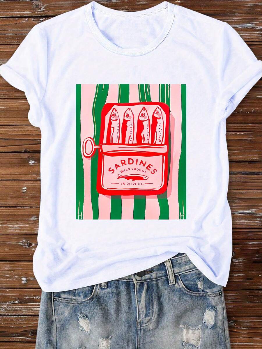 Camiseta Mujer Manga Corta Cuello Redondo Estampado Casual, Blusa Básica Corte Relajado, Top Versátil para Diario y Vacaciones de Verano, Ropa Cómoda - Blanco - Ver 1