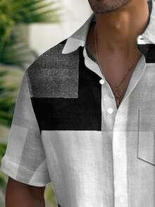 Vintage Geometric Color Block Print Men's Button Pocket Short Sleeve Shirt - Grey - View 4