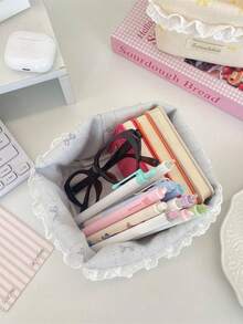 1Pc Cute Lace Ruffle Quilted Storage Basket, Small Bow Print Foldable Desktop Organizer For Cosmetics Sundries Bedroom Decor - Multicolor - View 6