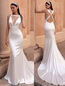 Basrey Elegant Knit Fabric Sleeveless Deep V-Neck Backless Zipper Detail Fitted Long Bridesmaid Dress Wedding White - White - View 6