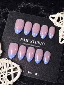 10pcs Summer Handmade Press-On Nails, Short Almond Shape, Nude Pink Base With Milky Blue Polka Dot French Tips, Fresh & Gentle Style, Versatile Design, Includes Nail Tool Kit, Quick Application And Removal - Lilac Purple - View 3