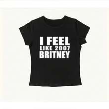 Top corto vintage estilo Y2K de los 2000 con estampado de letras, camiseta casual de manga corta, estilo sexy y atrevido, ropa ajustada de verano para mujer. - Negro - Ver 4