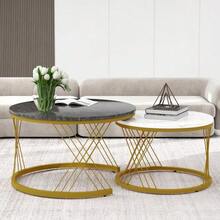(WF300416AAA) Set Of 2 Modern Nesting Coffee Tables, Marble Veneer, Nesting Style, Round, With Gold Frame. - Grey - View 6