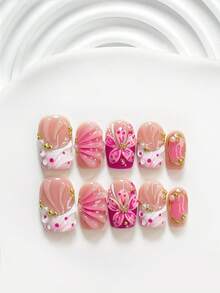 10 Buah Kuku Tempel Buatan Tangan Gaya Manis, Set Kuku Polygel, Bunga Merah Muda dan Berlian Bulat, Kuteks Fuchsia, Gaya Elegan dan Indah, Termasuk Alat Kuku, Tersedia 3 Ukuran, Persegi, Persegi Pendek, Almond, Kuku untuk Pesta, Dansa, dan Pemakaian Sehari-hari. - MultiWarna - View 18