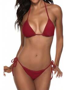 Women Two Piece Swimsuit Sexy Swimwear Halter String Triangle Bikini Sets - 酒紅色 - 查看 1