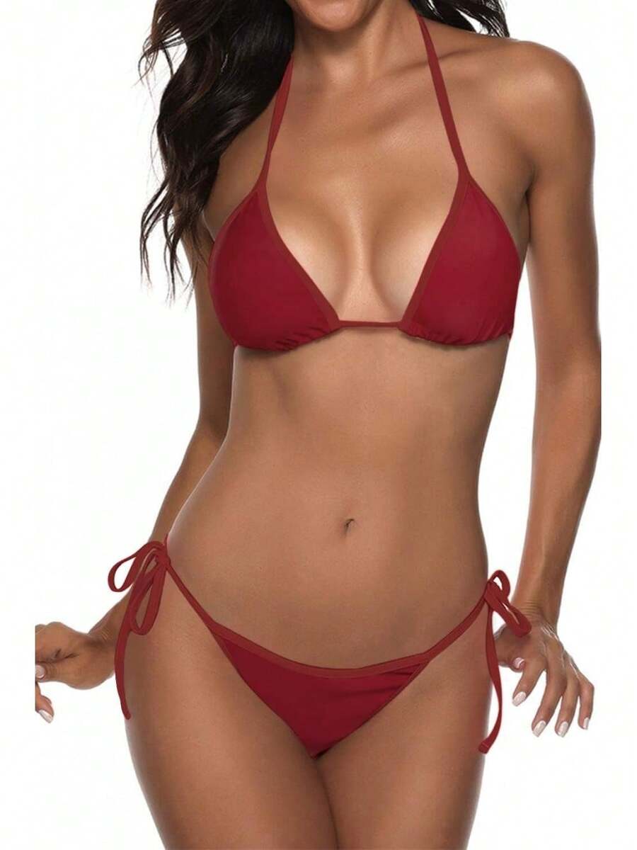 Women Two Piece Swimsuit Sexy Swimwear Halter String Triangle Bikini Sets - 酒紅色 - 查看 1