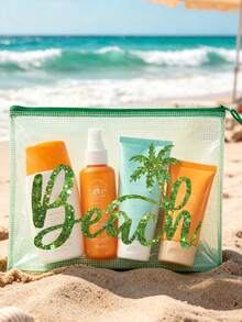 彩色大容量防水收納袋，印有椰子樹「BEACH」圖案，游泳袋，海灘主題，大容量透明化妝袋，輕量，春/夏收納，非常適合游泳、海灘、潛水和夏季度假，學生返校，輕量防曬收納袋，適合朋友、家人、女朋友和同學。生日、節日、派對、婚禮（伴娘）、教師節禮物，返校季節 - 彩色 - 查看 7