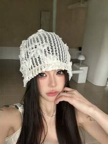 French Style 3D Floral Hollow Out Bucket Hat, Summer Breathable Thin Mesh Knit Slouchy Beanie, Face-Slimming Fisherman Cold Weather Hat - Flower Openwork Hat - View 9