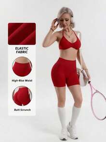 Women's Summer 2 Pieces Set Pink Top + High-Waisted Shorts Set, Suitable For Sports, Yoga, Pilates, Gym, Running, Euro Summer - Burgundy - View 3