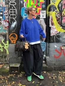 Women's Loose Solid Color Crew Neck Sweater, Drop Shoulder Long Sleeve Knit Pullover, Casual Autumn Daily Wear - Blue - View 5
