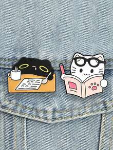 Diligent White Cat Reading And Exhausted Black Cat Sleeping On The Ground Style, Suitable For Students And Procrastinators To Wear Daily - Multicolor - View 3