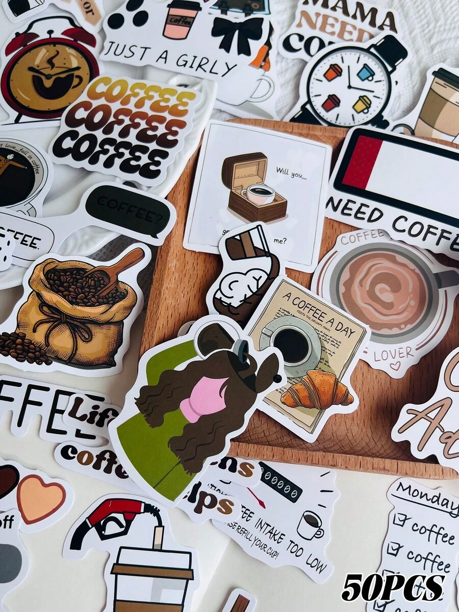 50Pcs Coffee Addict Stickers Fashion Personalized Creative DIY Fine Decorative Stickers Scrapbook Laptop Luggage Guitar Water Cup Phone Case Popular Decals