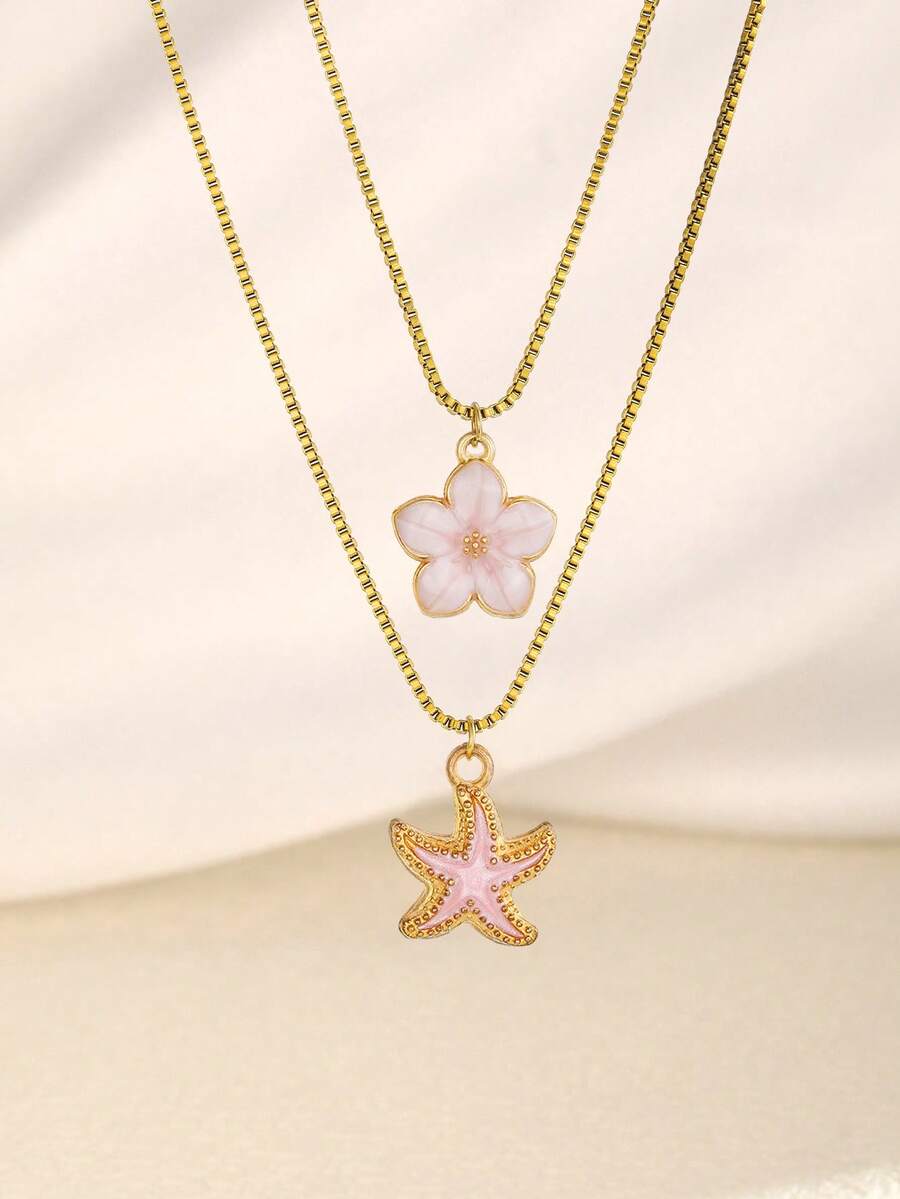 2件/組 精緻時尚甜美花朵與海星吊墜不鏽鋼鎖骨項鍊 女款夏季海灘度假旅行珠寶飾品配件 - 彩色 - 查看 1