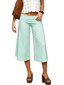 Fold Over Wide Leg Capri Pants For Women Low Rise Lounge Yoga Flare Culottes Y2k Flowy Crop Palazzo Pants - 薄荷綠 - 查看 8