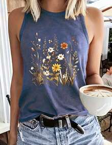 Women Sleeveless Tank Top, Vintage Wildflower Print, Racerback Loose Fit, Soft Cotton Mid-Length Vest; Boho, Daily/Vacation/Layering Casual Wear - 寶藍色 - 查看 8