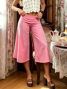 Fold Over Wide Leg Capri Pants For Women Low Rise Lounge Yoga Flare Culottes Y2k Flowy Crop Palazzo Pants - 玫紅色 - 查看 5