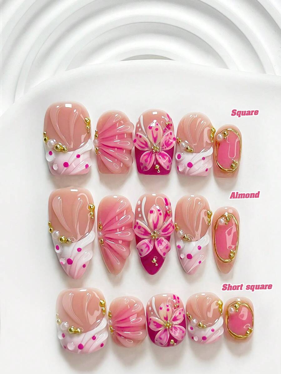 10 Buah Kuku Tempel Buatan Tangan Gaya Manis, Set Kuku Polygel, Bunga Merah Muda dan Berlian Bulat, Kuteks Fuchsia, Gaya Elegan dan Indah, Termasuk Alat Kuku, Tersedia 3 Ukuran, Persegi, Persegi Pendek, Almond, Kuku untuk Pesta, Dansa, dan Pemakaian Sehari-hari. - MultiWarna - View 1