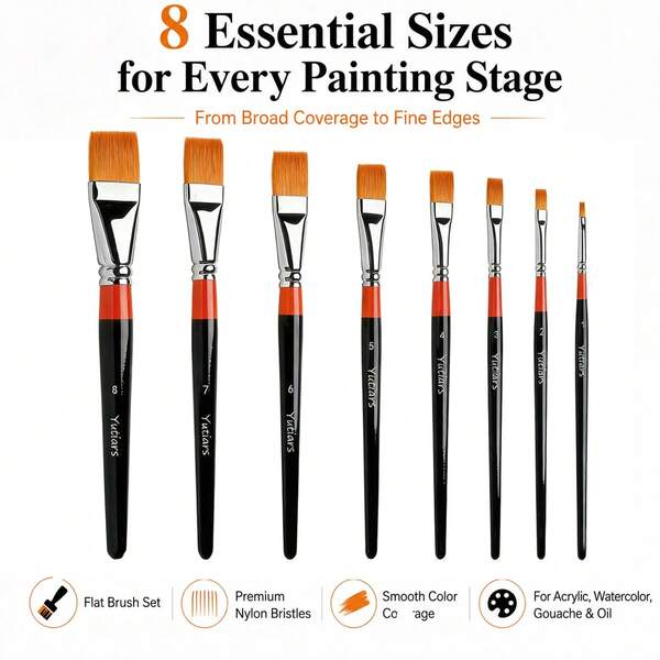 Orange/Black Artist Brushes - 8pcs Nylon Flat Brush Set - Suitable For Acrylic And Watercolor Painting