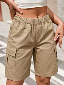 Teen Girls' Elastic Waist Solid Color Casual Utility Shorts, Versatile For Daily Wear - Khaki - View 1