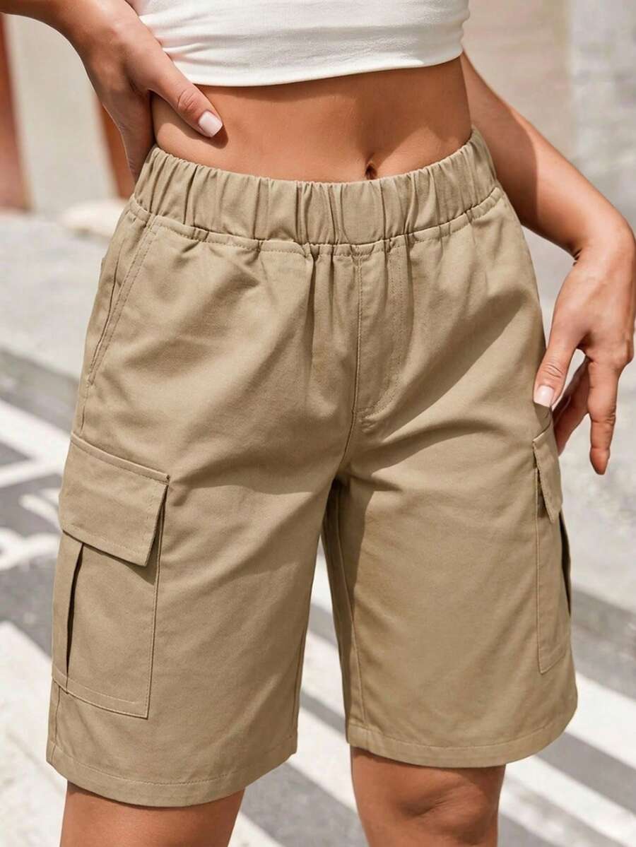 Teen Girls' Elastic Waist Solid Color Casual Utility Shorts, Versatile For Daily Wear - Khaki - View 1