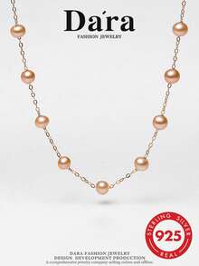 DARA S925 Sterling Silver Freshwater Pearl Necklace 4-5mm Nucleus-Free High Luster Luxury Women's Collarbone Chain Gift Choice - Coral Orange - View 2