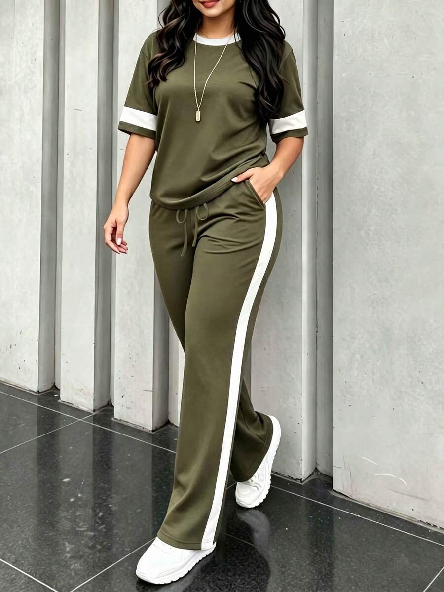 Spring/Summer Plus Size Women's New Casual Fashion Commuter Set Top, Slimming And Visual Concealing Elegant - Army Green - View 1