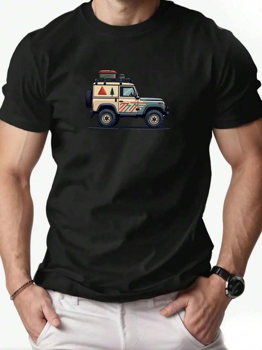 Camiseta de manga corta con cuello redondo y estampado de vehículo todoterreno para hombre, estilo casual de verano - Negro - Ver 1