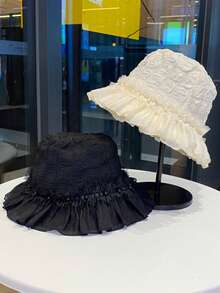 1 pièce Chapeau seau élégant à volants pour femmes, chapeau de soleil en jacquard floral avec bordure de perles, chapeau d'été léger et respirant, convient pour les voyages, la plage et le port quotidien - A - Voir 11