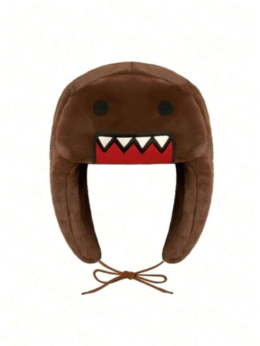 Autumn/Winter Outdoor Novel Cartoon Design Embroidered Ear-Protective Double-Layer Thickened Warm Coral Fleece Ushanka Hat - Camel - View 1