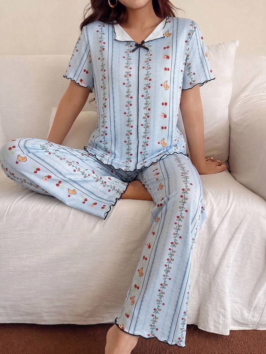 女款V領卡通印花睡衣套裝,束口短袖上衣與束口長褲,可愛睡衣套裝,女款居家休閒套裝,休閒時尚睡衣套裝 - 彩色 - 查看 1