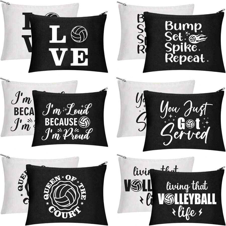 12PCS Volleyball Print Canvas Makeup Bag Set, Portable Zipper Cosmetic Pouch For Travel And Daily Storage, Ideal Gift For Volleyball Lovers, 2 Colors - White - View 1